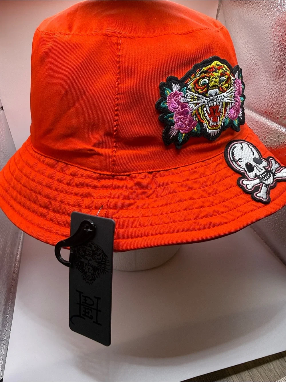 Ed Hardy Red Bucket Hat with Embroidered Skull & Tiger Patches Unisex New